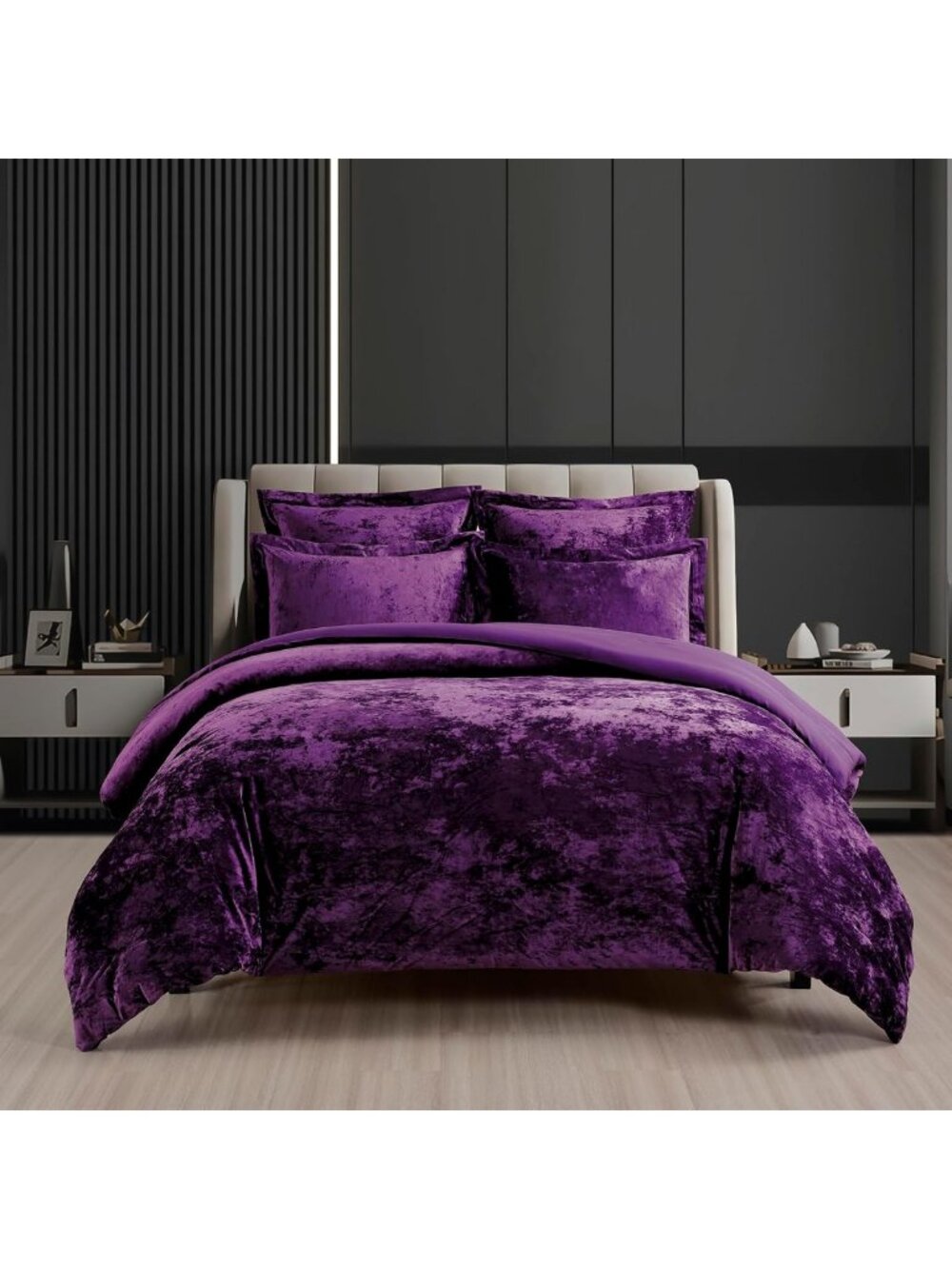 Luxurious Distressed Velvet Comforter Set, 5-Piece Dark Purple Queen Bedding